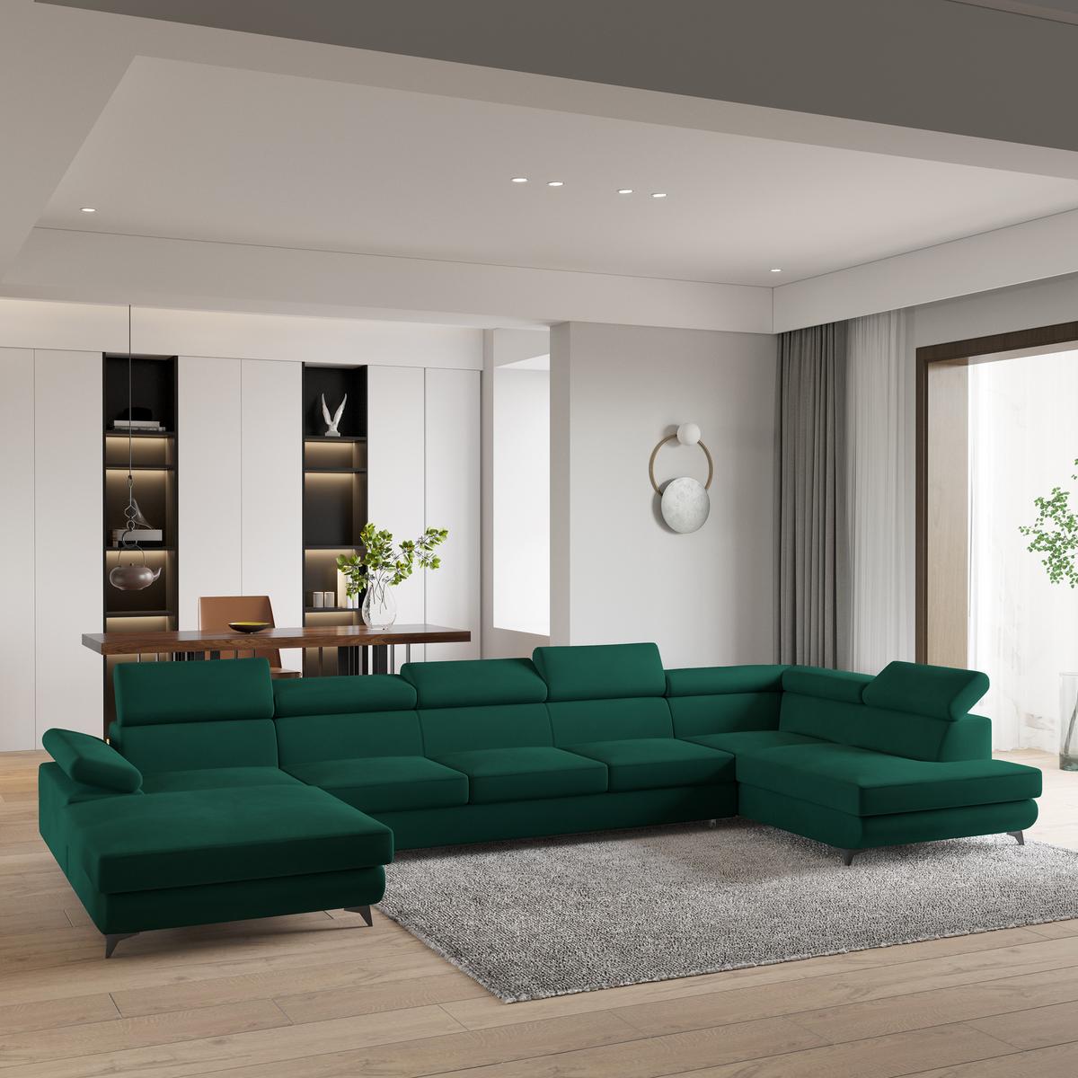 WOHNLANDSCHAFT MONTIVA Grün Velours-Stoff mit Schlaffunktion - Grün, Holz (410/89/190cm) - MASSENO