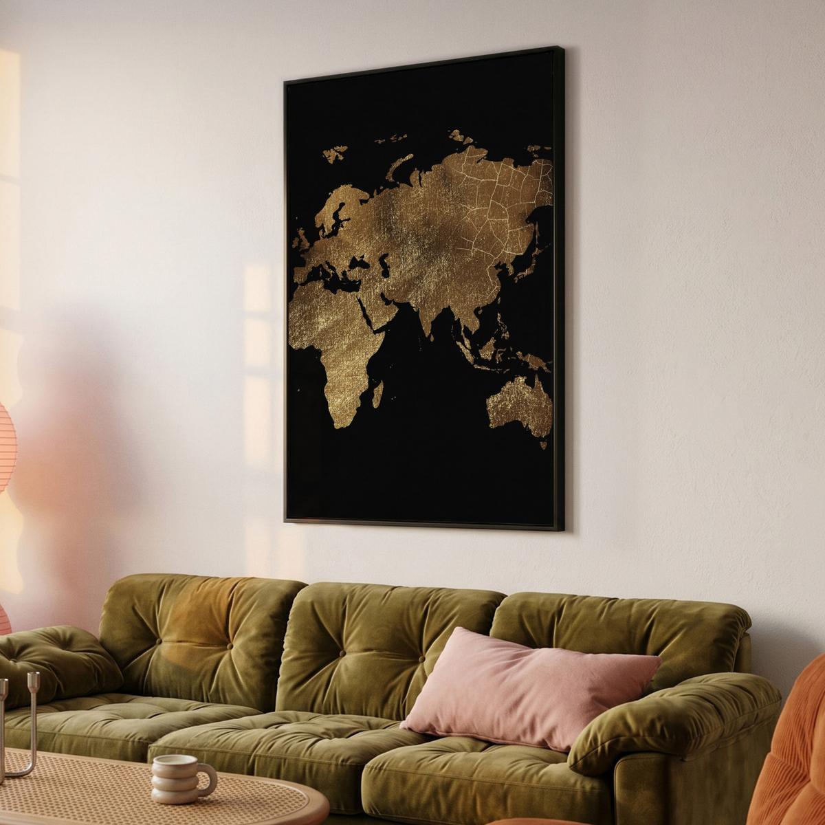 LEINWAND Bilder mit Rahmen - Weltkarte - Gold - Luxus - Erde - Schwarz - 90x140 - Goldfarben, Textil (90/140cm) - MuchoWow