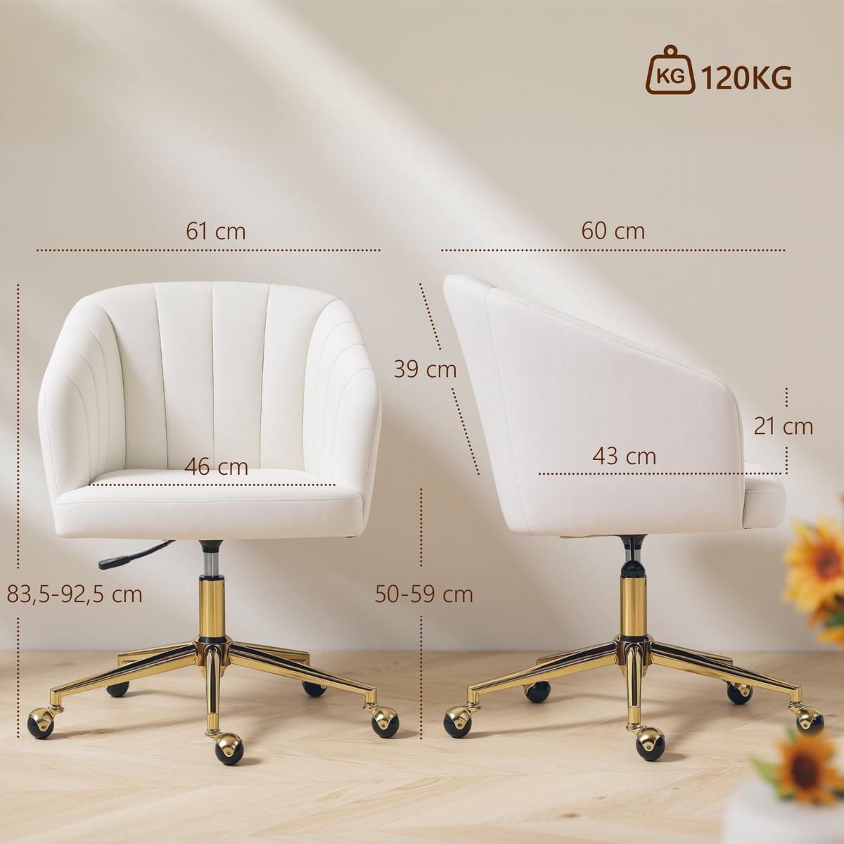 SCHREIBTISCHSTUHL Stoff in Samtoptik Cremeweiß - Goldfarben/Creme, Textil/Metall (60/92.5/61cm) - HOMCOM