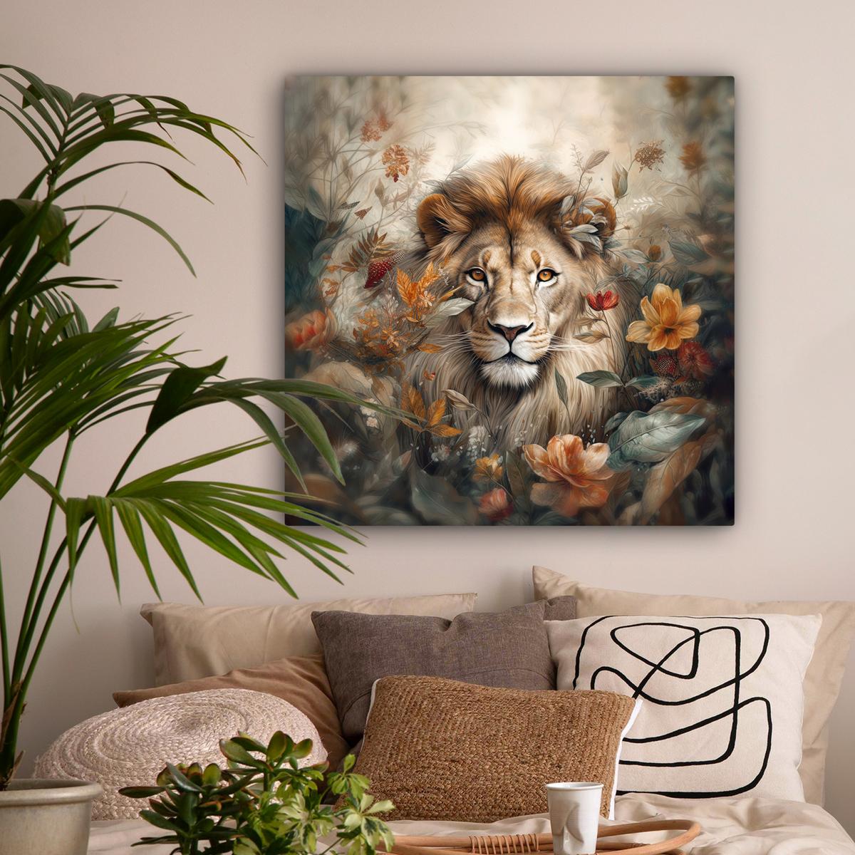 LEINWANDBILD Löwe - Wildtiere - Pflanzen - Natur - Blumen Deko Groß 90x90 cm - Beige, Textil (90/90cm) - MuchoWow