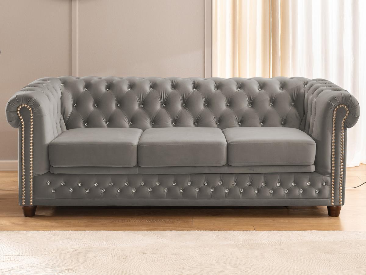 CHESTERFIELD-SOFA 3-Sitzer mit Schlaffunktion Cleo Blink Grau Samt mit Kristallsteppung und braunen Massivholzfüßen - Braun/Grau, Holz/Textil (203/72/86cm) - S-Style