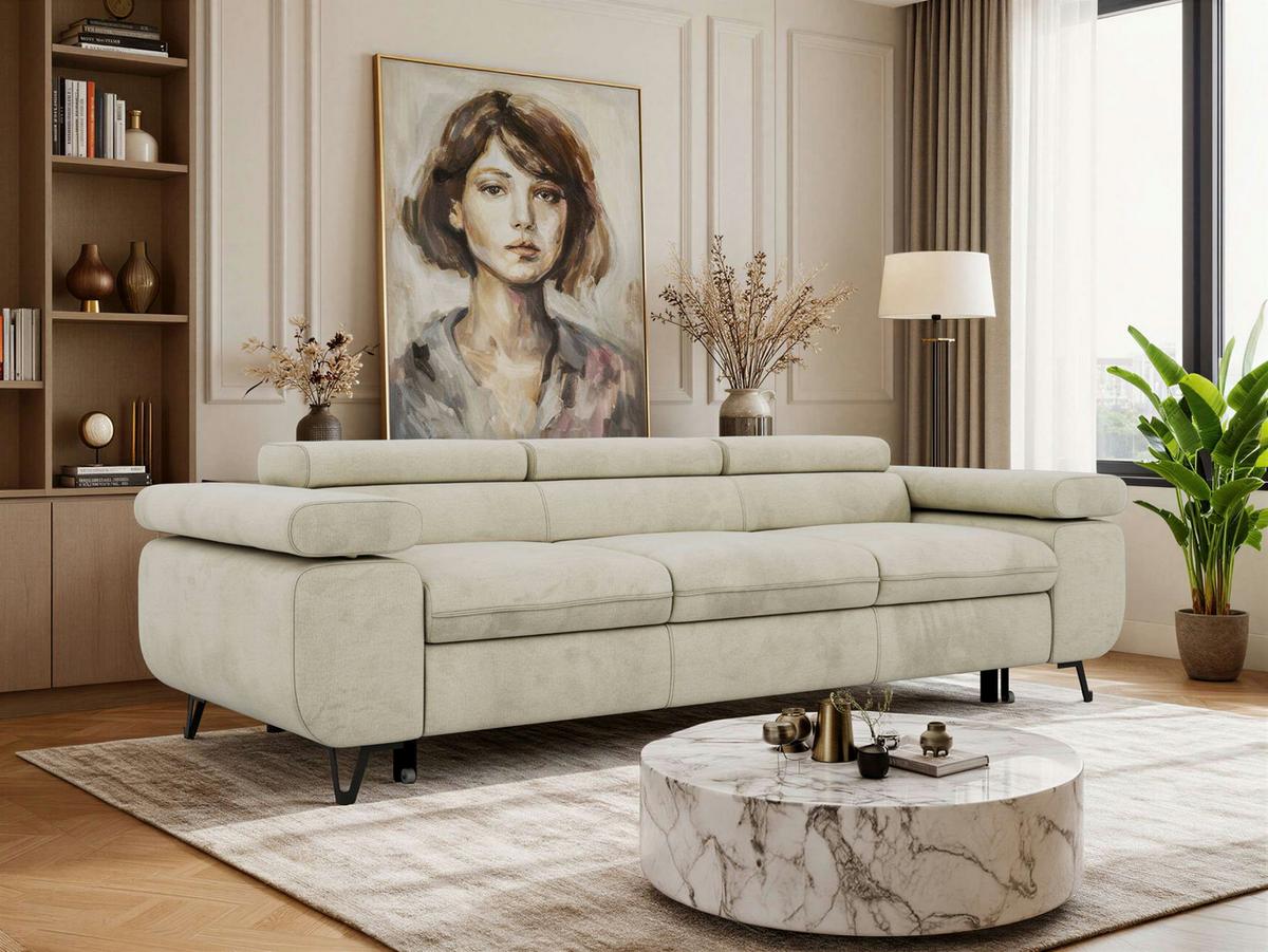 3-SITZER SOFA PETER mit Schlaffunktion - Beige Velvet - Beige/Schwarz, Textil/Metall (262/76/99cm) - MKS