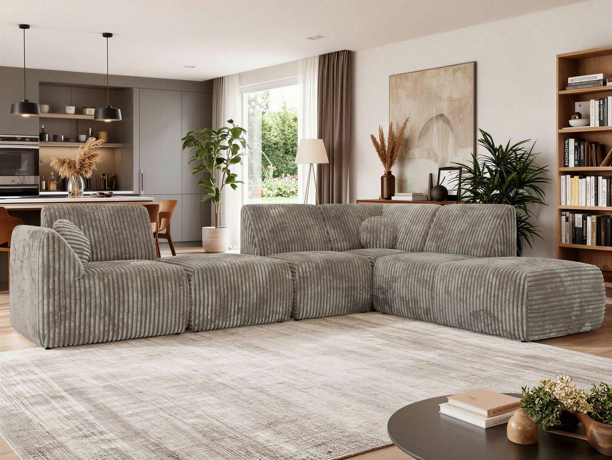 ECKSOFA NOARA 6M L Hellbraun Cord - Rechts - Hellbraun/Schwarz, Kunststoff/Textil (355/244cm) - MKS