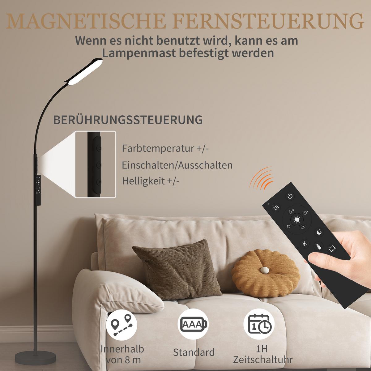 LED Stehlampe Dimmbar Stehleuchte mit Fernbedienung & Touch-Steuerung - Schwarz, Metall (22/22/175cm) - HOMCOM