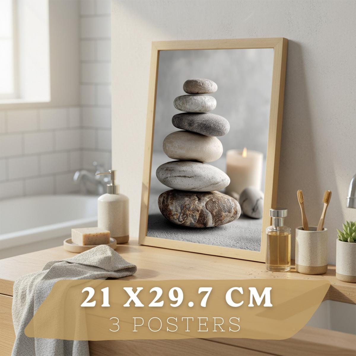 POSTER 3er-Set moderne Badezimmer-Wandposter, Entspannungsposter im Spa-Stil WC mit Steinen, Kerzen und Salzen, Zen-Dekoration Leichter Holzrahmen A4 - Beige, Papier (29.7/21/3cm) - Nacnic