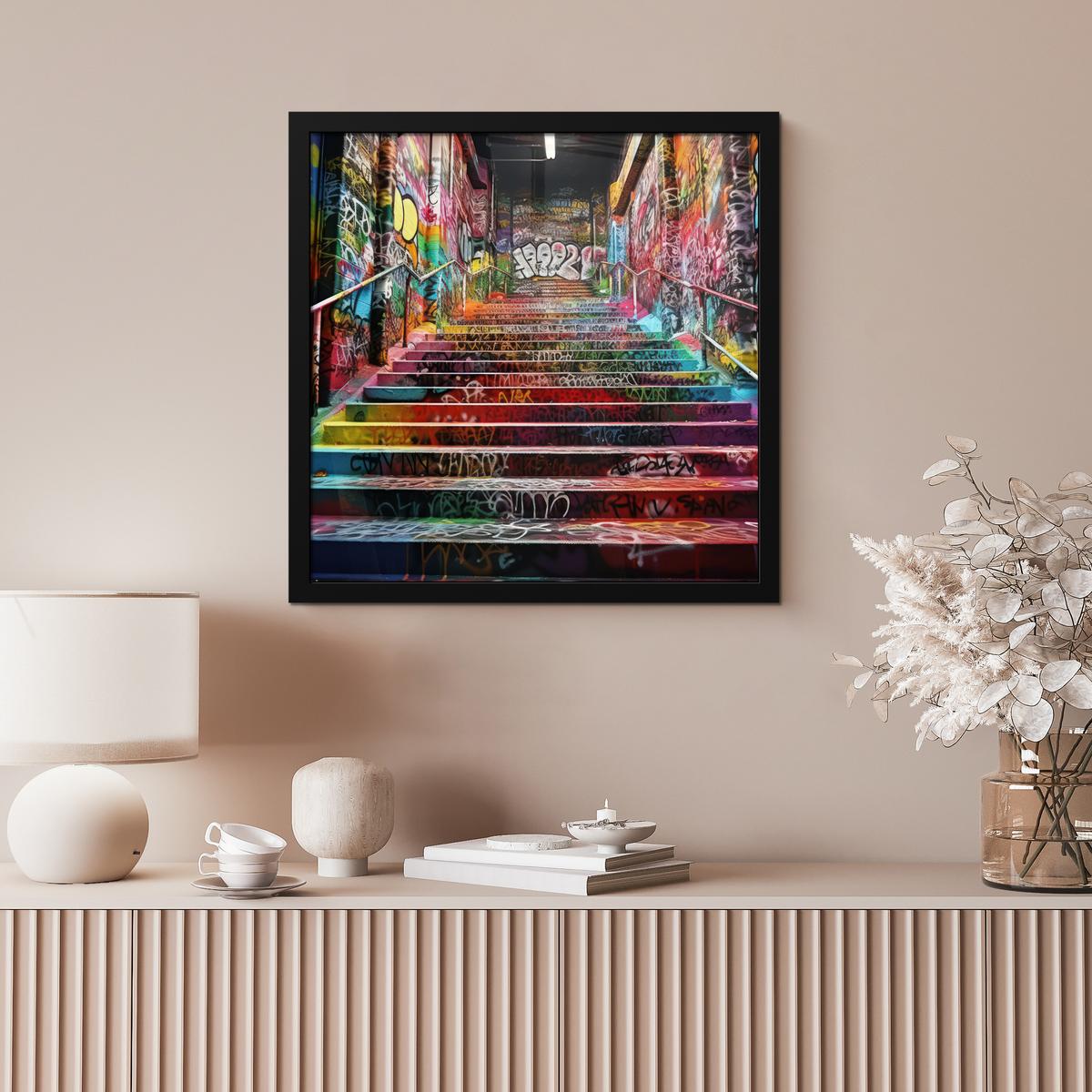 POSTER MIT RAHMENGERAHMTES BILD Treppe - Graffiti - Farben - Kunst 40x40 cm - Multicolor, Papier (40/40cm) - MuchoWow