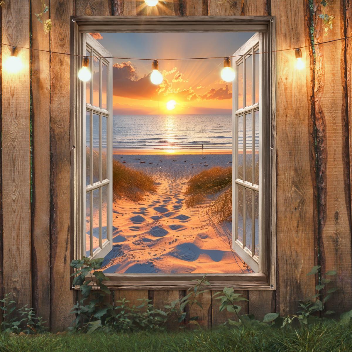 GARTENPOSTER Durchblick - Strand - Dünen - Sonnenuntergang Gartendekoration 120x160 cm - Orange, Kunststoff (120/160/0.2cm) - OnlyWow