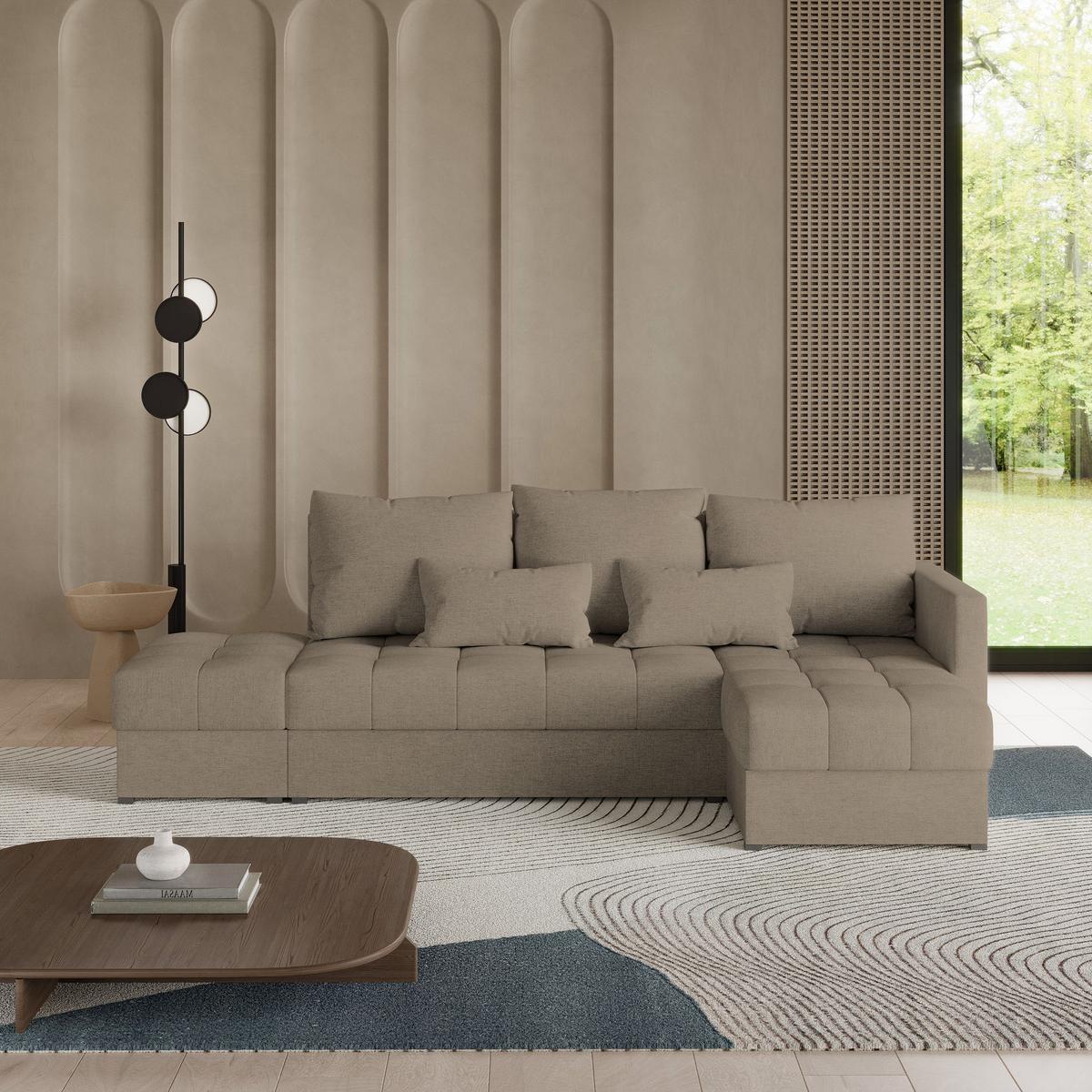 ECKSOFA LUMARI R-S Braun Plüsch-Stoff mit Schlaffunktion - Braun, Holz (262/143cm) - MASSENO