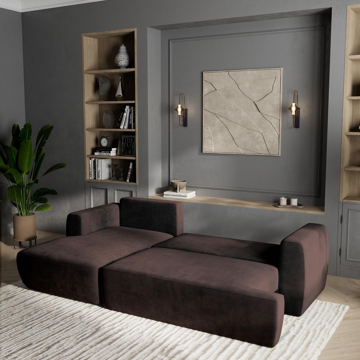 ECKSOFA SENTI K L-S Braun Plüsch-Stoff mit Schlaffunktion - Schwarz/Braun, Holz/Kunststoff (246/148cm) - MASSENO