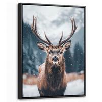 LEINWAND Bilder mit Rahmen - Hirsche - Tiere - Landschaft - Winter - Schnee - 30x40 - Kastanienfarben, Textil (30/40cm) - MuchoWow