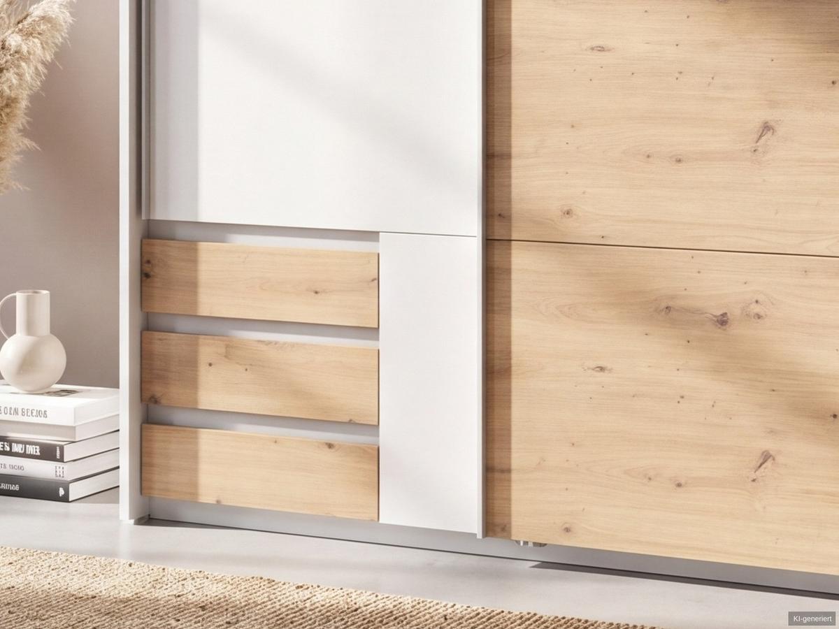 SCHWEBETÜRENSCHRANK 2-türig B138/H200/T65 cm, Passepartout-Kleiderschrank in Weiß, 1x Tür & Schubkästen in Eiche Artisan Dekor / 22669 - Eichefarben/Alufarben, Holz/Holzwerkstoff (138/200/65cm) - luma-home