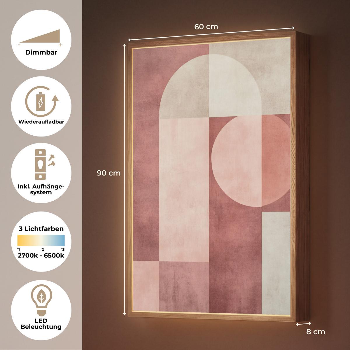 WANDLEUCHTE MIT AKKU Figuren - Abstrakt - Rosa 60x90 cm - Altrosa, Holzwerkstoff (60/90/8cm) - OnlyWow