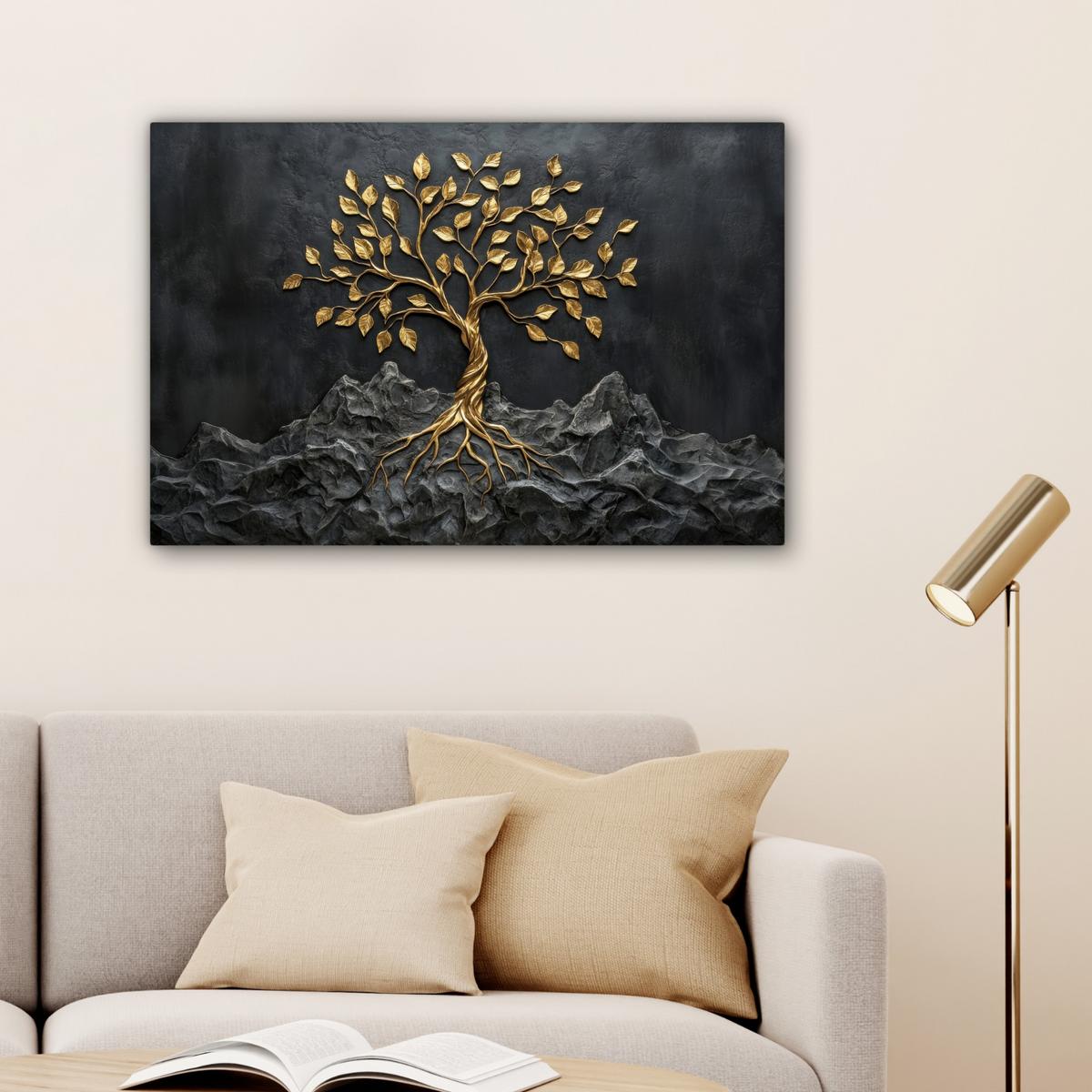 LEINWANDBILD Blätter - Gold - Baum - Fels Gemälde 60x40 cm - Schwarz, Textil (60/40cm) - MuchoWow