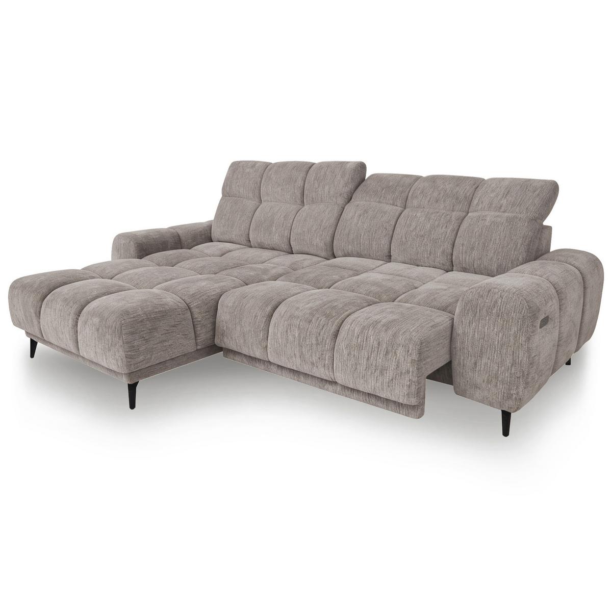 ECKSOFA Marco Mini mit elektrisch ausfahrbarem Sitz und verstellbaren Kopfstützen, Links, Chenille-Stoff, Hellbraun - Hellbraun/Schwarz, Textil (275/182cm) - Beautysofa