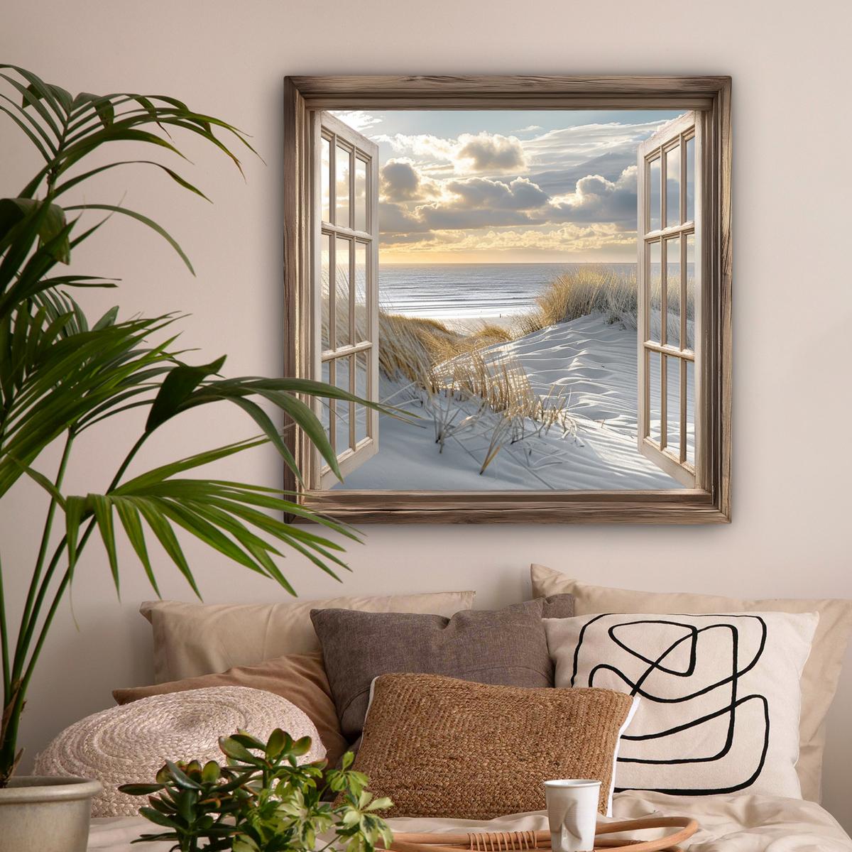 LEINWANDBILD Ausblick - Strand - Dünen - Meer - Natur Deko Groß 90x90 cm - Sandfarben, Textil (90/90cm) - MuchoWow