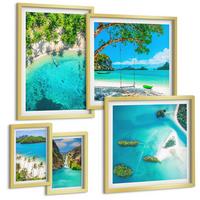 BILDER SET 5er Set - 50x50 cm & 20x30 cm & 40x60 cm Goldrahmen - Strände, Palmen, kristallklares Wasser - Goldfarben, Kunststoff (40/60cm) - TULUP