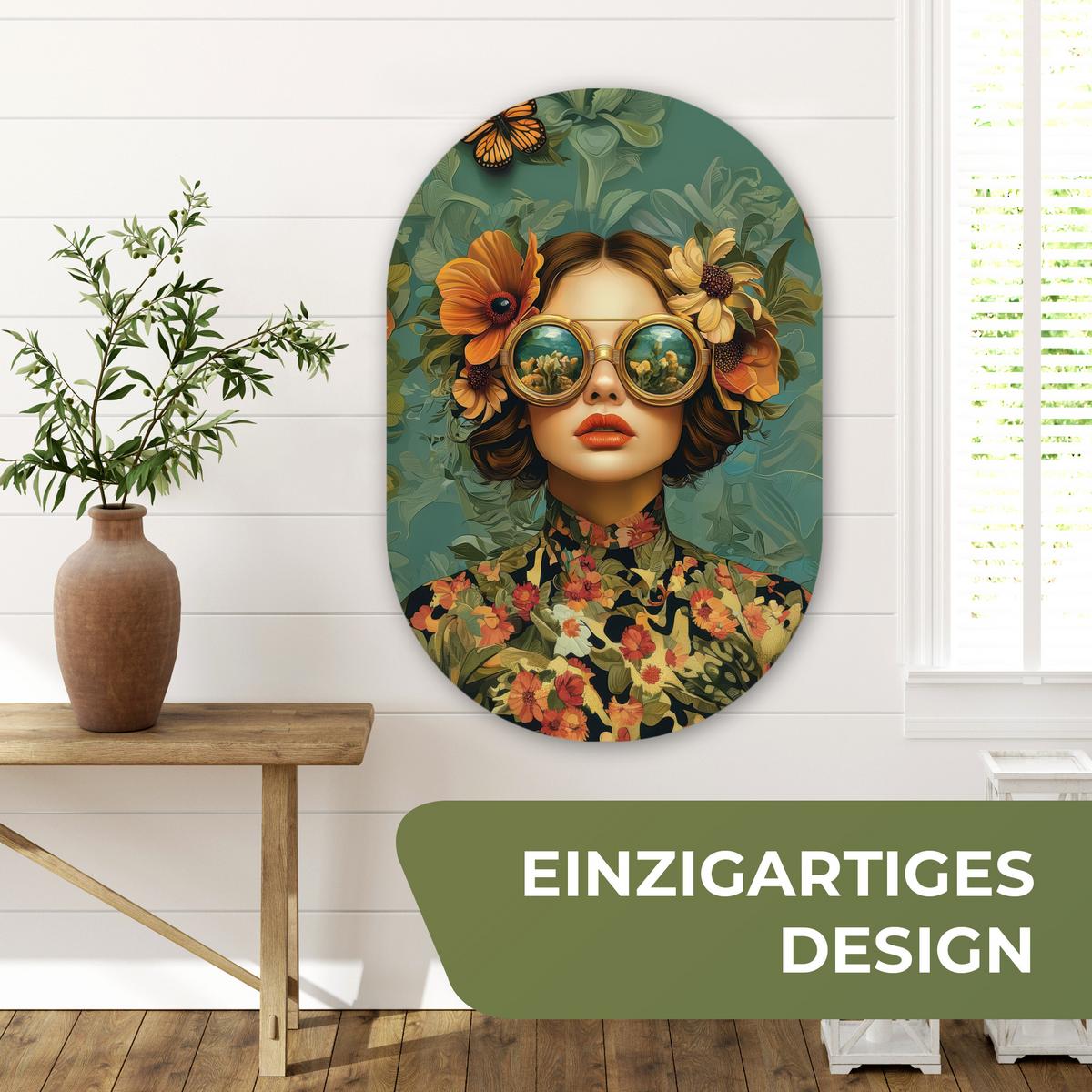 WANDBILD Frau - Blumen - Schmetterlinge - Natur - Vintage Wanddeko Schlafzimmer 60x90 cm - Petrol, Kunststoff (60/90cm) - MuchoWow