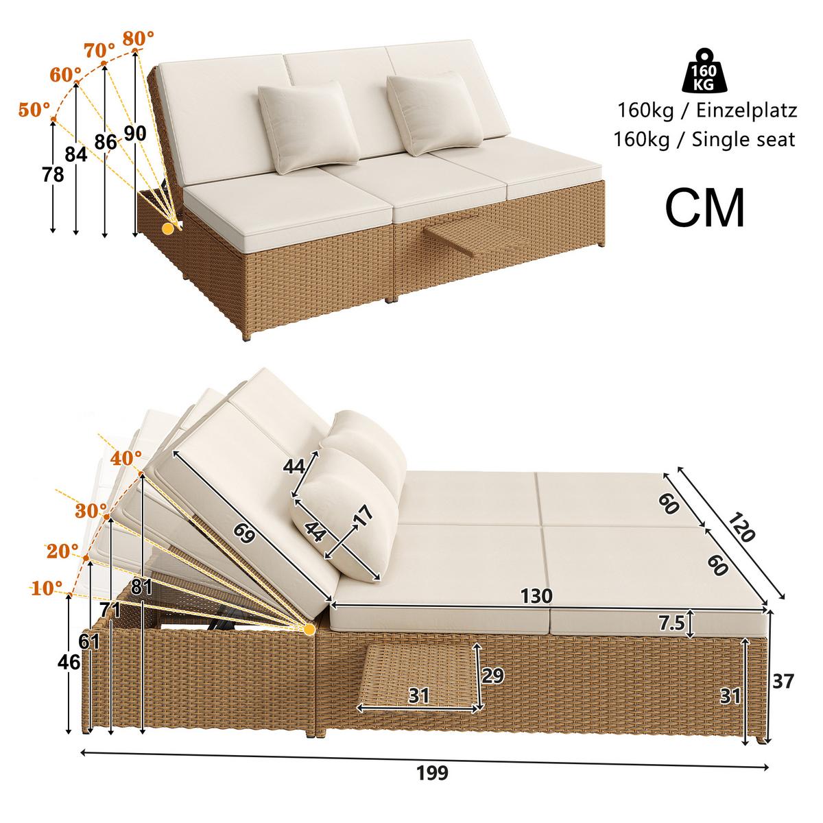 DOPPEL-SONNENLIEGE 199 cm Polyrattan Natur Gartenliege für 2 Personen mit verstellbarer Rückenlehne & Polster - Weiß, Metall (199/37/120cm) - Urban Meuble