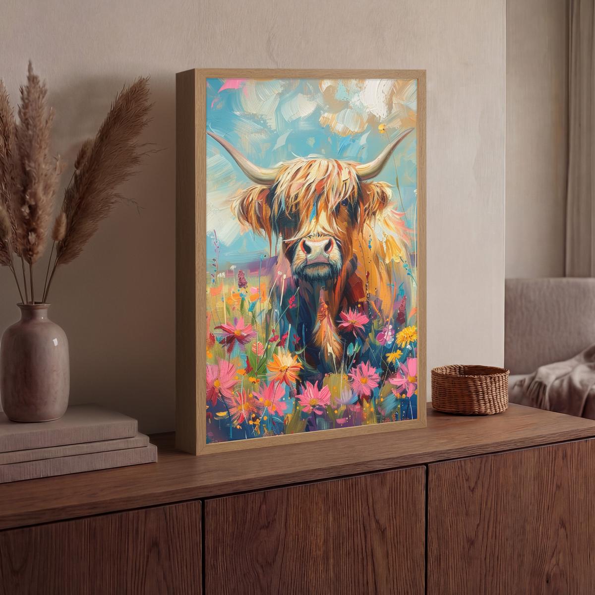 WANDLEUCHTE MIT AKKU Schottische Hochländer - Natur - Farbenfroh - Blumen 40x60 cm - Multicolor, Holzwerkstoff (40/60/8cm) - OnlyWow