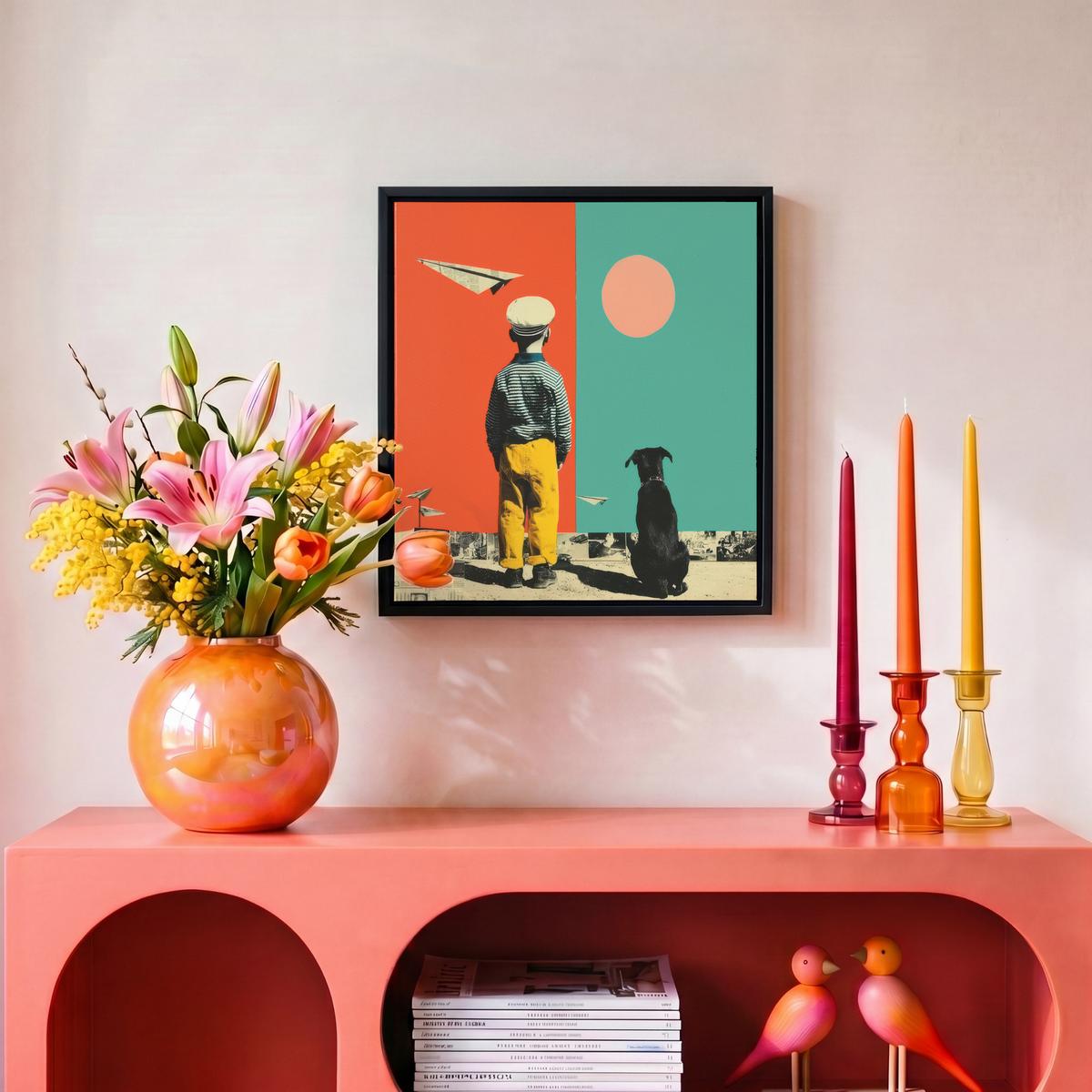 LEINWAND Bilder mit Rahmen - Retro - Junge - Hund - Rot - Grün - 20x20 - Orange, Textil (20/20cm) - MuchoWow