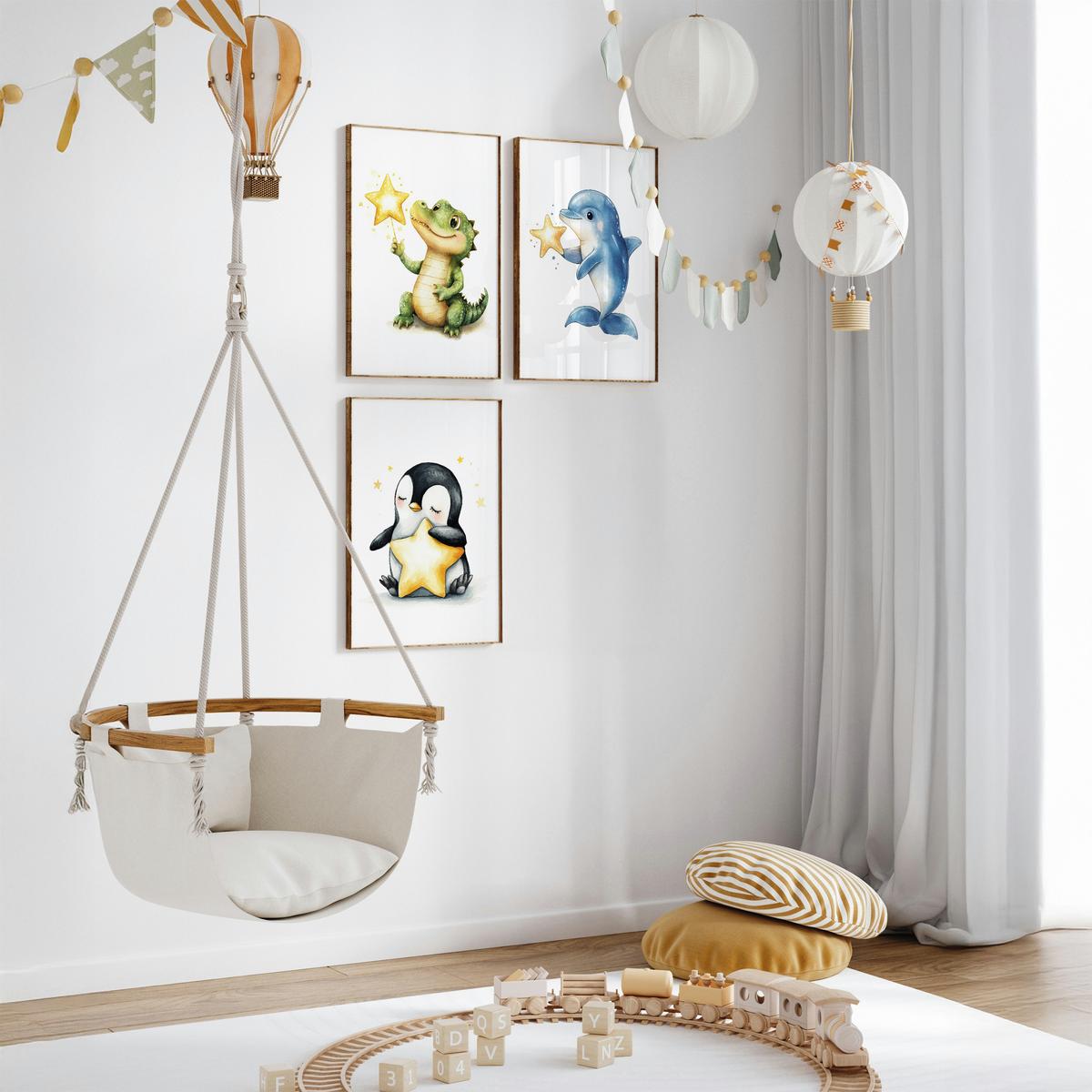 POSTER SET für Kinderzimmer TIERE Sterne Krokodil Delfin Pinguin A3 30x42cm - Gelb/Schwarz, Papier (30/42/1cm) - Muralo