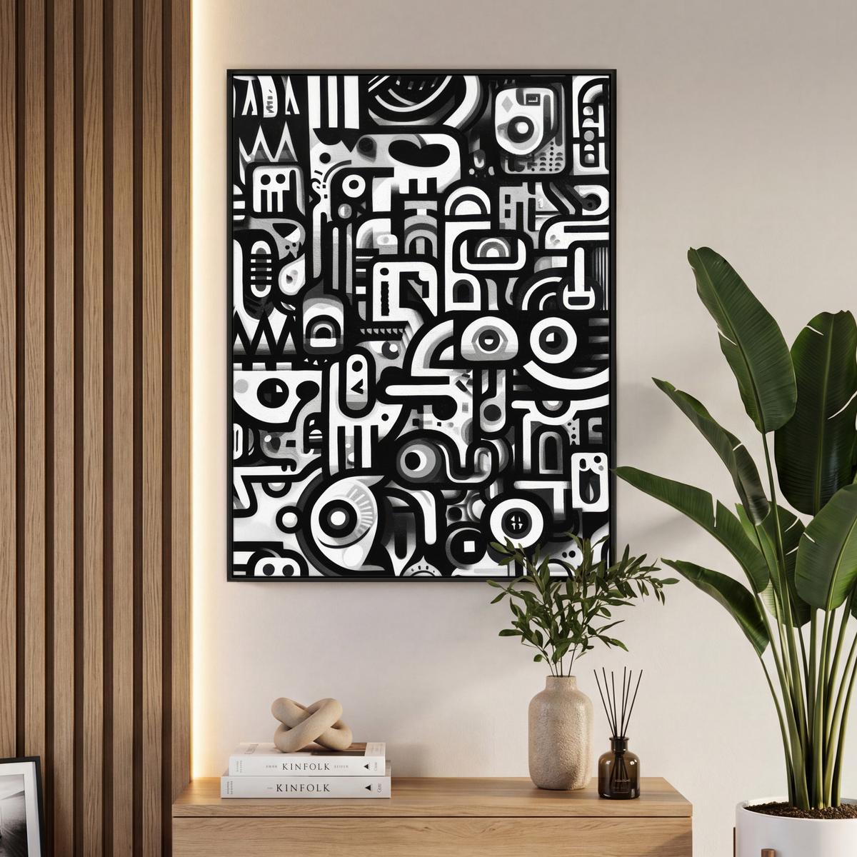 LEINWAND Bilder mit Rahmen - Symbole - Abstrakt - Grafik - Schwarz - 70x100 - Schwarz, Textil (70/100cm) - MuchoWow