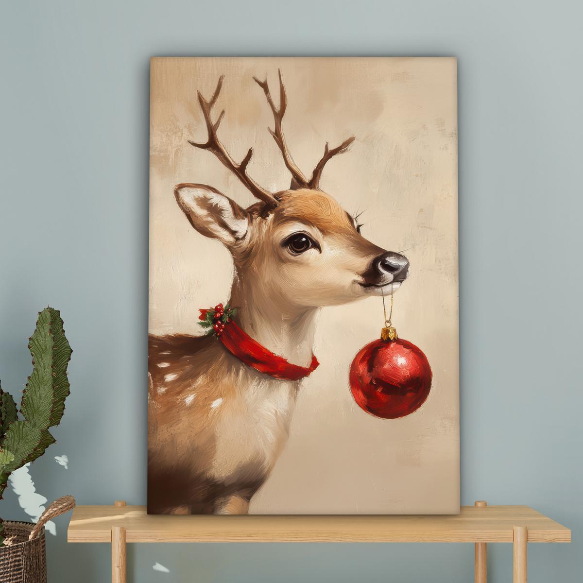 LEINWANDBILD Weihnachten - Hirsch - Geweih - Weihnachtskugel - Rentier Wanddeko Schlafzimmer 60x90 cm - Hellbraun, Textil (60/90cm) - MuchoWow
