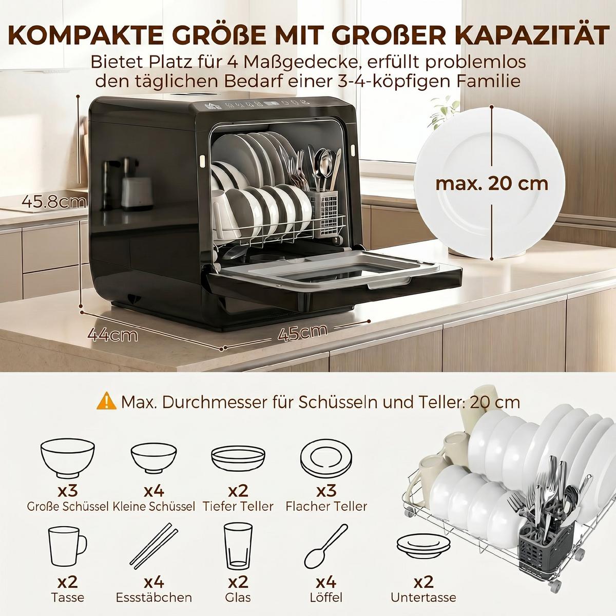 TISCHGESCHIRRSPÜLER Kunststoff Hartglas Schwarz - Schwarz, Kunststoff (44/45.8/45cm) - HOMCOM