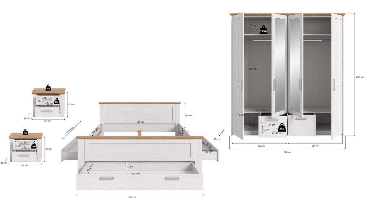 SCHLAFZIMMER weiß Lärche, Eiche Artisan Landhaus, Komplettset mit Bett Liegefläche 180 x 200 cm - Eichefarben/Silberfarben, Holzwerkstoff/Kunststoff (180/200cm) - Inn.Furn