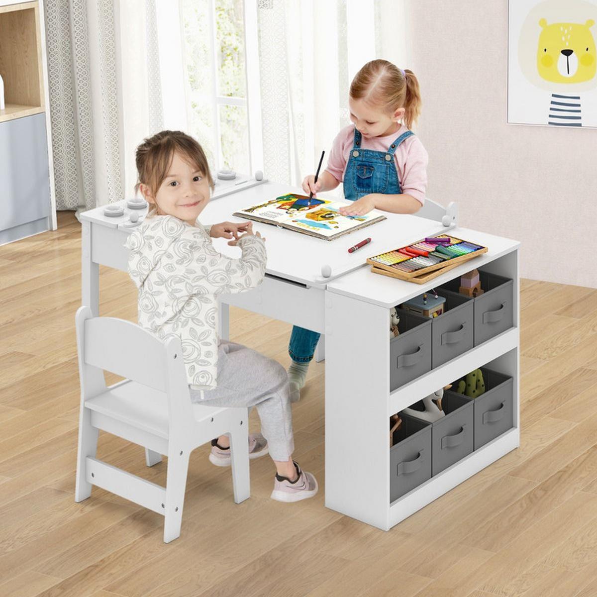 KINDERTISCH mit Stuhl weiß(3-tlg) - Weiß, Holzwerkstoff (109/55/60cm) - COSTWAY