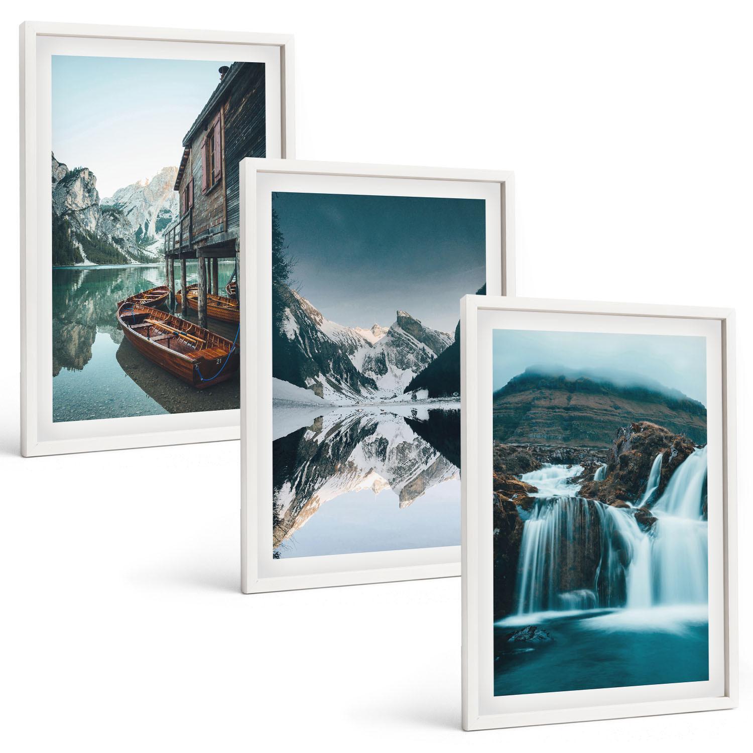 BILDER SET 3er Set - 40x60 cm Weißer Rahmen - Berglandschaften Wasserfall See - Weiß, Kunststoff (40/60cm) - TULUP