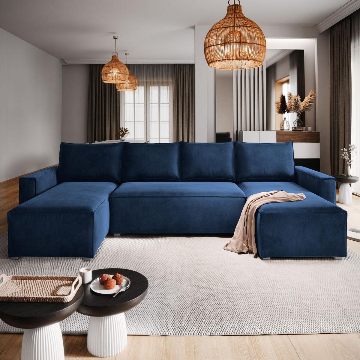 WOHNLANDSCHAFT DENI Blau Velours-Stoff mit Schlaffunktion - Blau/Grau, Holz/Kunststoff (295/85/140cm) - MASSENO