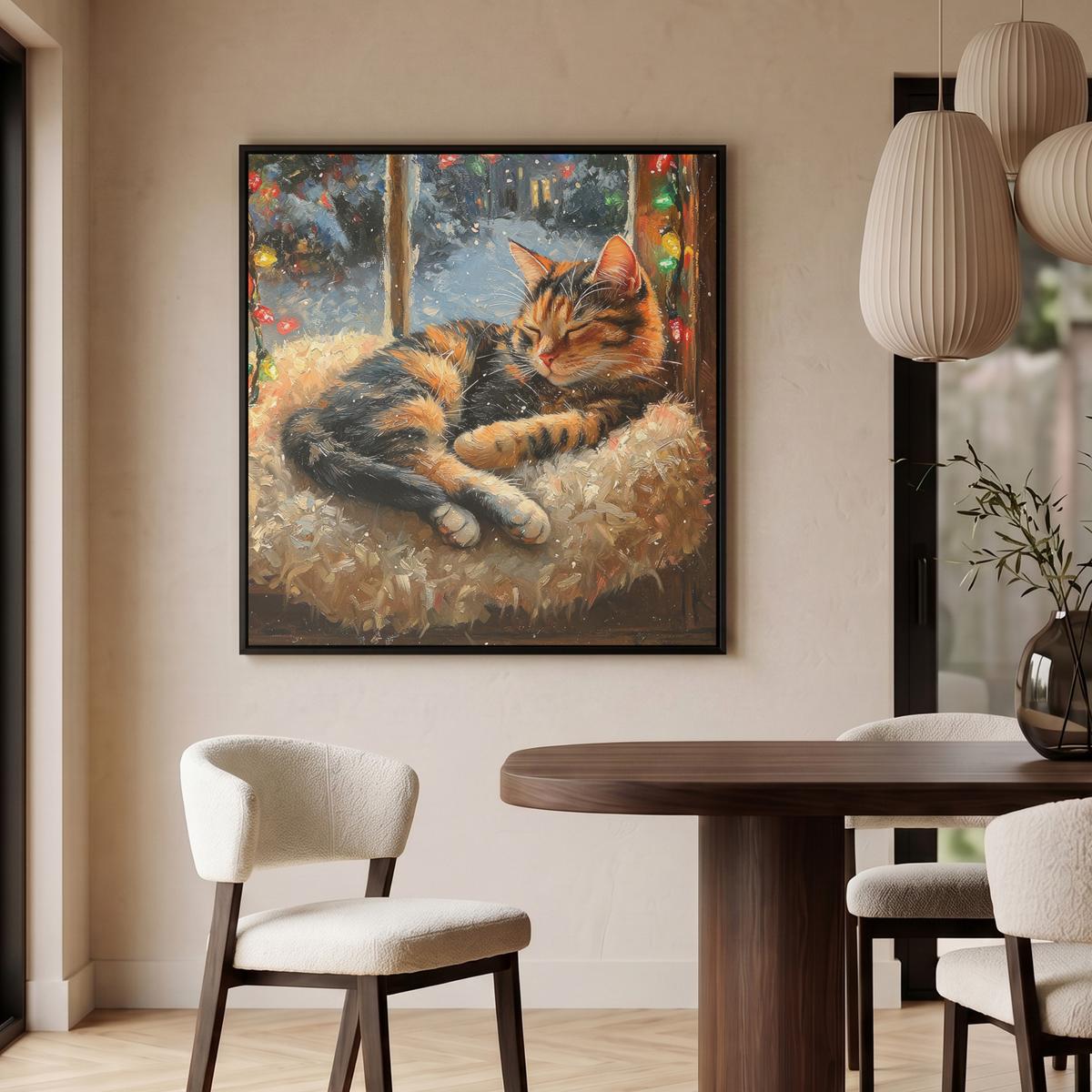 LEINWAND Bilder mit Rahmen - Katze - Weihnachten - Winter - Tier - 90x90 - Bernsteinfarben, Textil (90/90cm) - MuchoWow