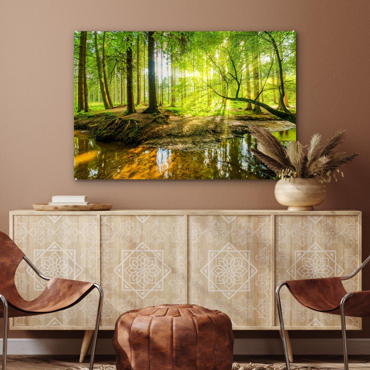 ACRYLGLASBILD Wald - Landschaft - Wasser - Bäume - Sonne - Grün - Natur Room Decor 90x60 cm - Grün, Glas (90/60cm) - MuchoWow