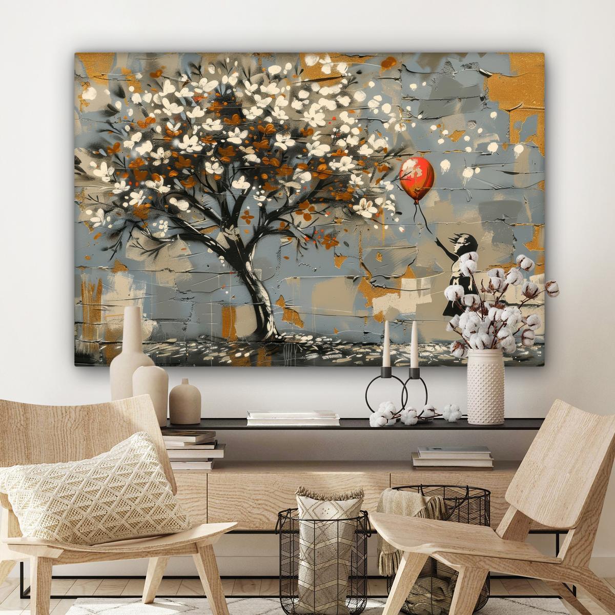 LEINWANDBILD Baum - Graffiti - Banksy-Stil - Ballon-Mädchen Wohnzimmer Groß 120x80 cm - Blaugrau, Textil (120/80cm) - MuchoWow