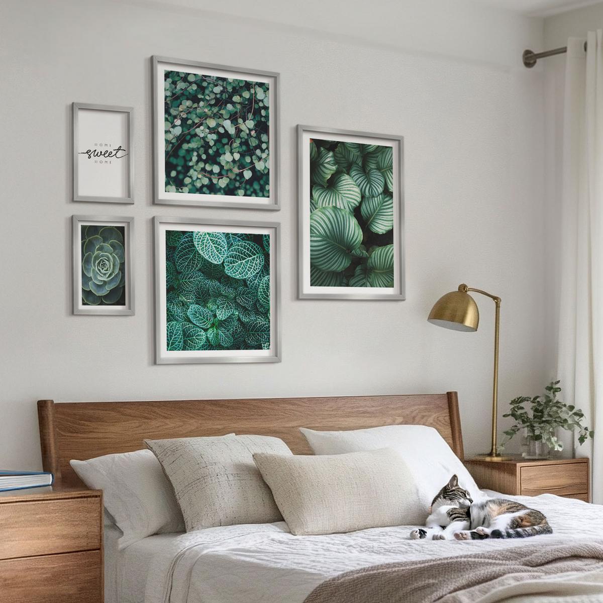 BILDER SET 5er Set - 50x50 cm & 20x30 cm & 40x60 cm Silberner Rahmen - Wellen, Sand, Wasser, Steine, Strand - Silberfarben, Kunststoff (40/60cm) - TULUP