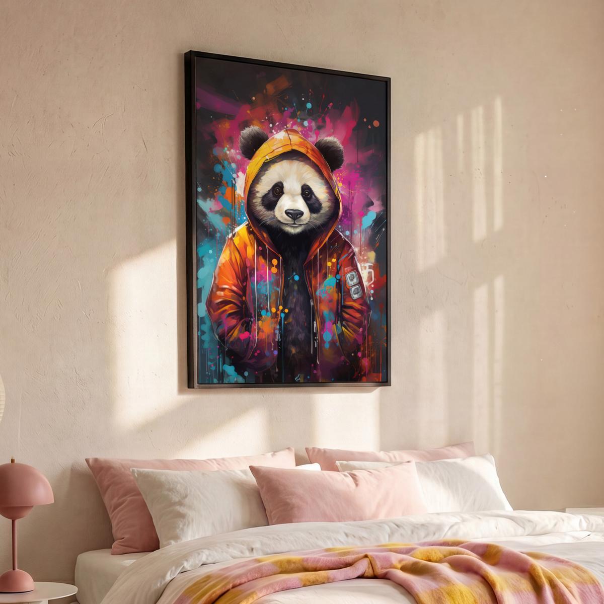 LEINWAND Bilder mit Rahmen - Panda - Jacke - Graffiti - Orange - 100x150 - Orange, Textil (100/150cm) - MuchoWow