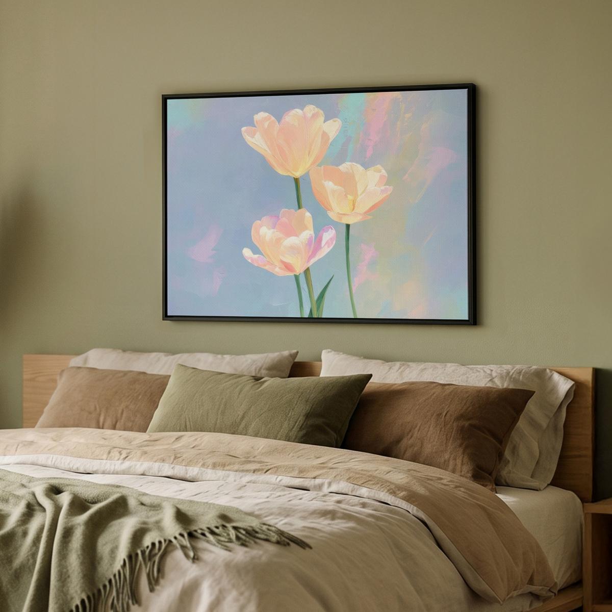 LEINWAND Bilder mit Rahmen - Tulpen - Rosa Akzente - Blau - 70x50 - Pastellblau, Textil (70/50cm) - MuchoWow