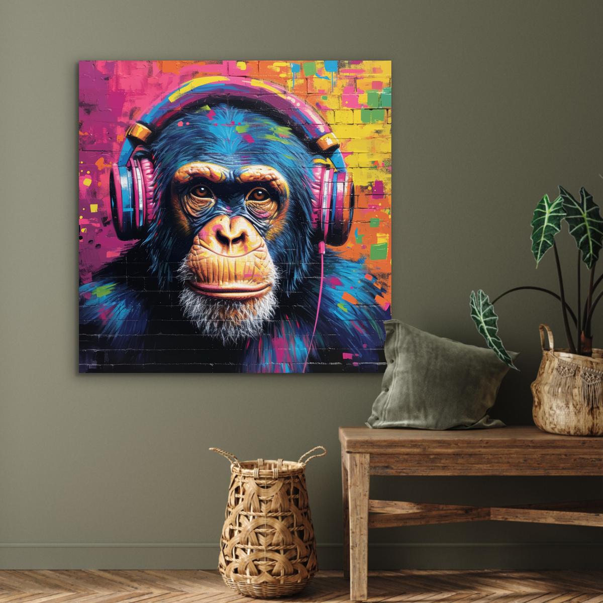 METALLBILD Graffiti - Schimpanse - Straßenkunst - Kopfhörer - Affe 90x90 cm - Blau, Metall (90/90cm) - MuchoWow