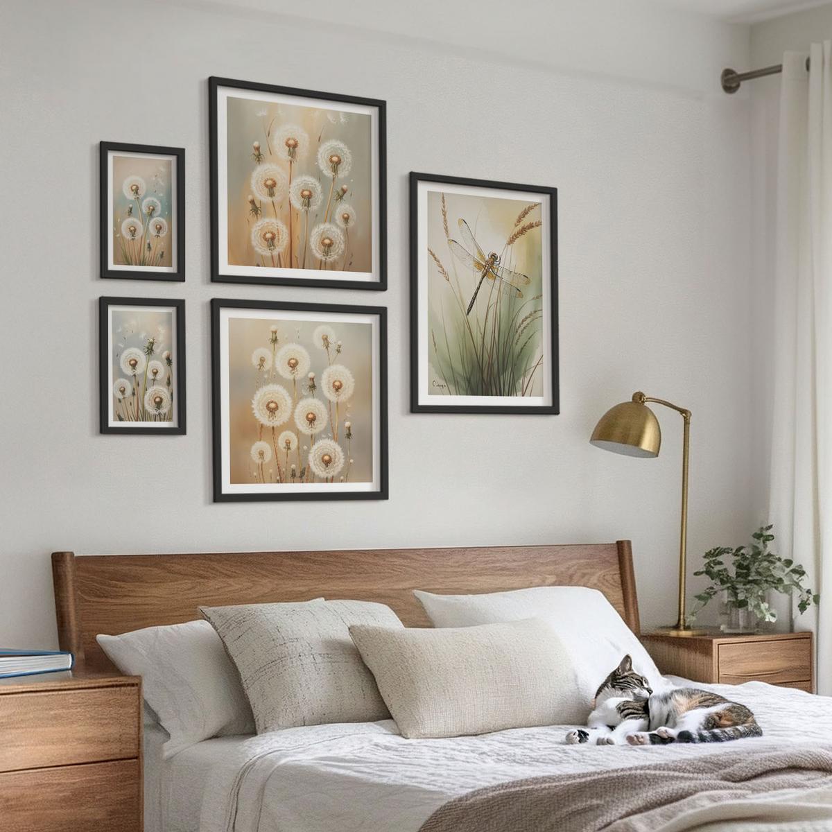 BILDER SET 5er Set - 50x50 cm & 20x30 cm & 40x60 cm Schwarzer Rahmen - Weiße Löwenzahnblüten auf hellem Hintergrund - Schwarz, Kunststoff (40/60cm) - TULUP