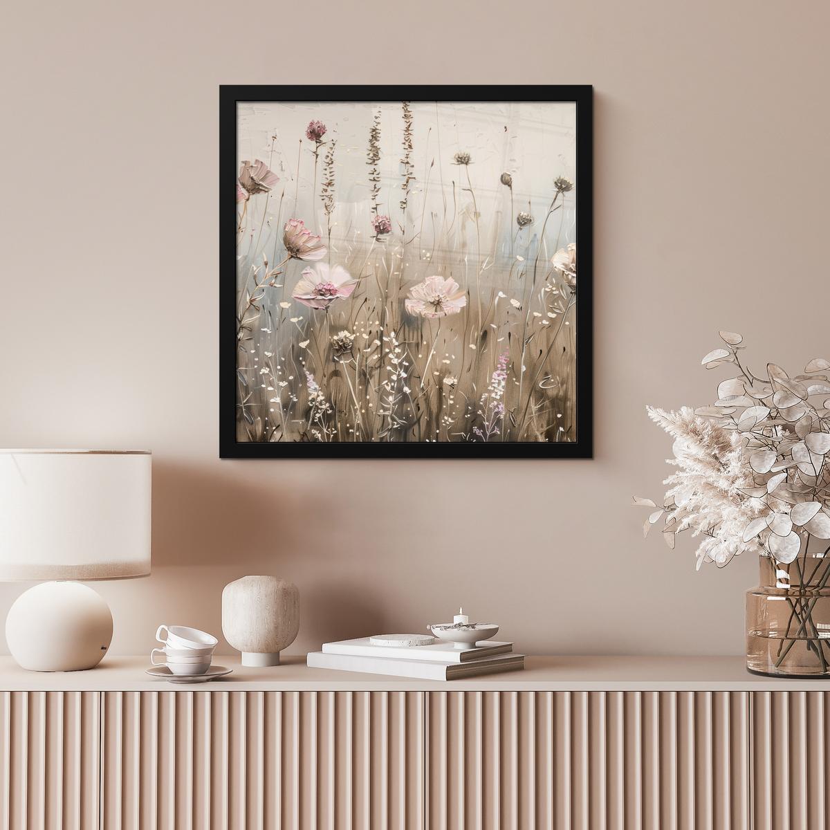 POSTER MIT RAHMENGERAHMTES BILD Blumen - Rosa - Modern - Beige 40x40 cm - Beige, Papier (40/40cm) - MuchoWow