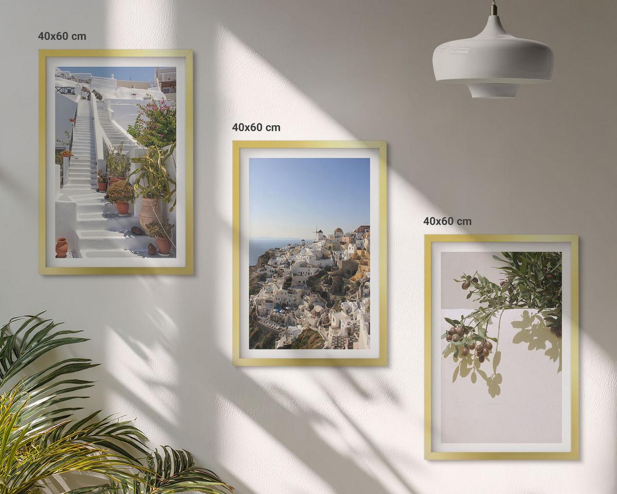 BILDER SET 3er Set - 40x60 cm Goldrahmen - Weiße Treppe mit Blick auf Santorini - Goldfarben, Kunststoff (40/60cm) - TULUP