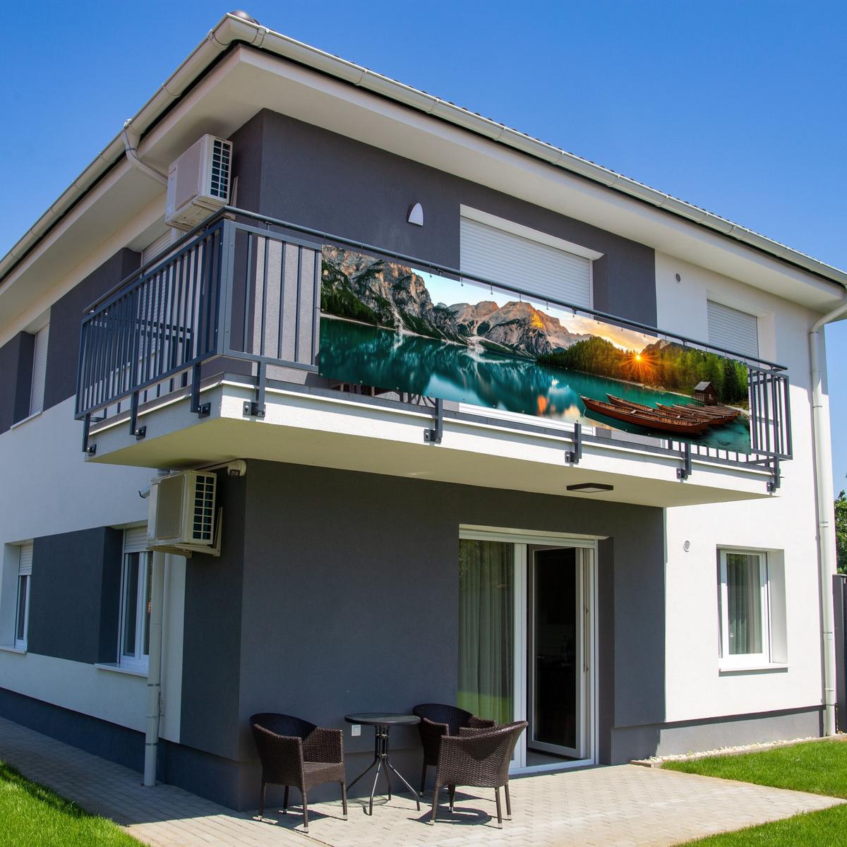 BALKON-SICHTSCHUTZ See - Berge - Sonnenuntergang - Boot Deko XXL 500x120 cm - Petrol, Kunststoff (500/120cm) - MuchoWow