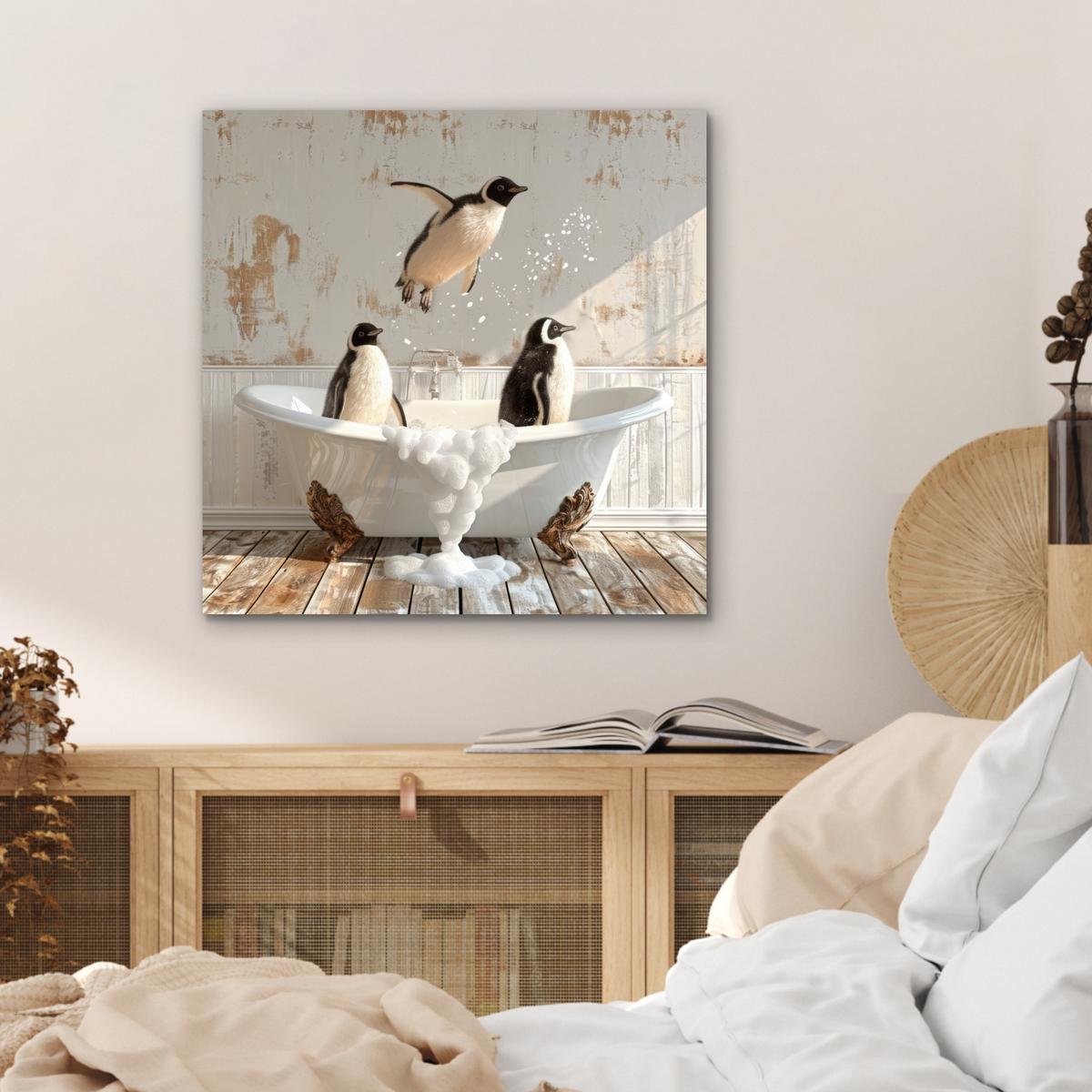 METALLBILD Vintage - Pinguin - Badewanne - Schaumstoff 50x50 cm - Schwarz, Metall (50/50cm) - MuchoWow