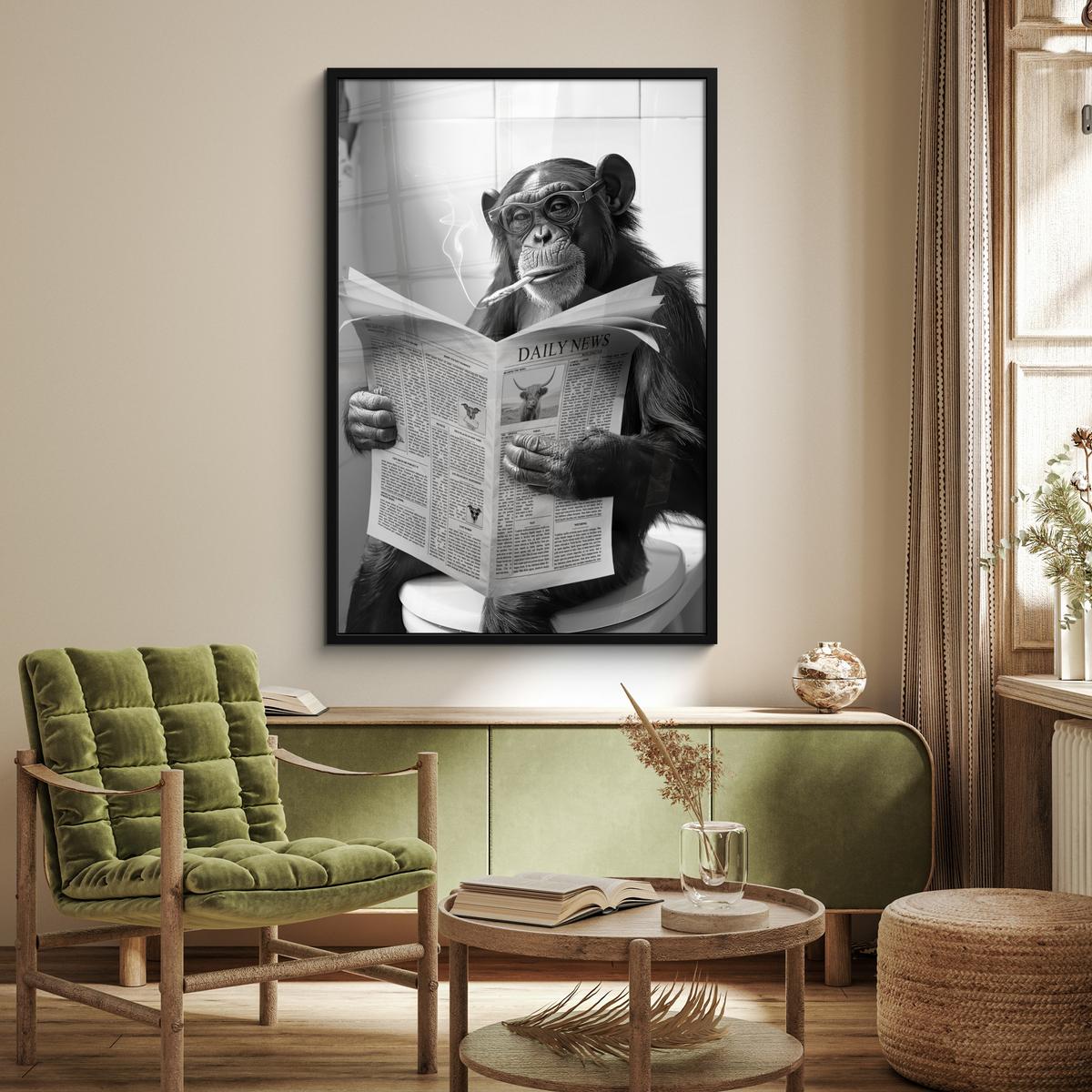 POSTER MIT RAHMEN Affe - WC - Zeitung - Schwarz-Weiß - Humor Bilderleiste 80x120 cm - Hellgrau, Papier (80/120cm) - MuchoWow