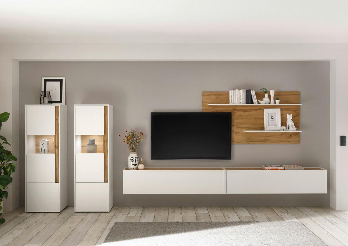 WOHNWAND weiß, Eiche Wotan 5-teilig 440 cm, Schrankwand mit XL Lowboard - Eiche Wotan/Schwarz, Glas/Holz (440/180/40cm) - Furn.Design