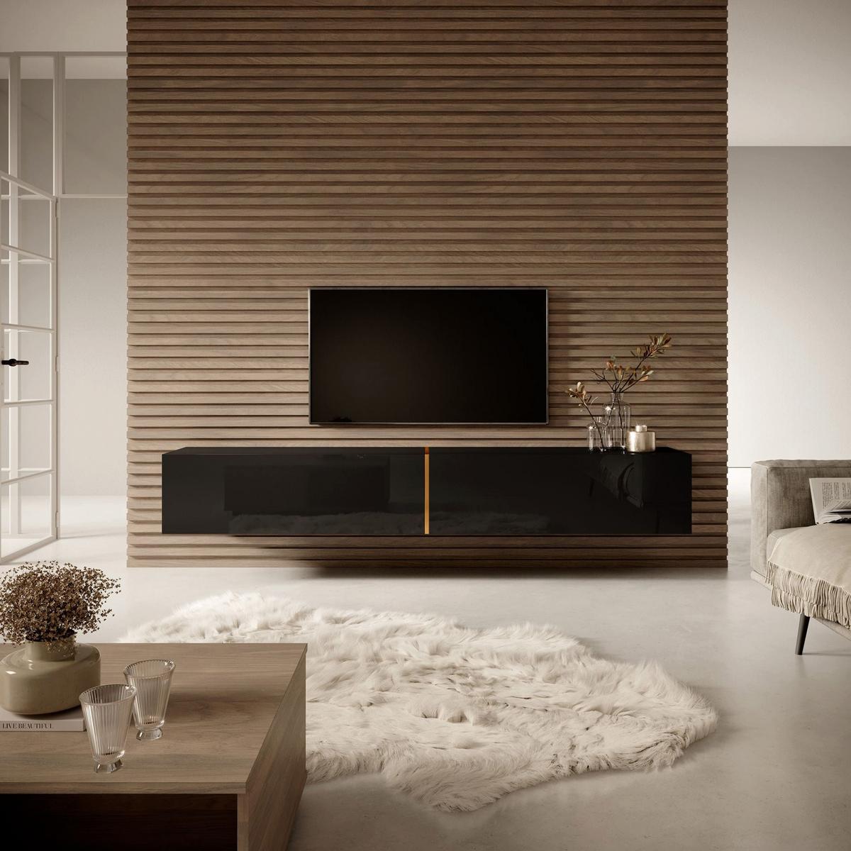 TV-LOWBOARD Bisira Schwarz / Gold 200 cm - Schwarz, Holzwerkstoff (200/30/31.6cm) - Selsey