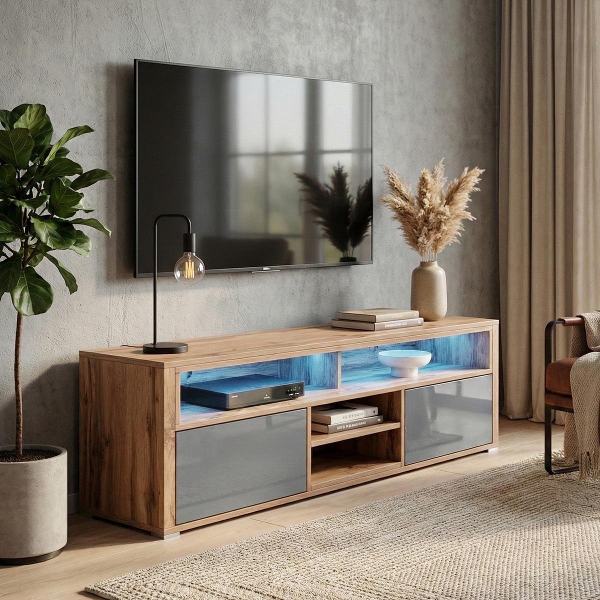 TV-ELEMENT Bella mit 2 Türen und offenem Regal, eiche Wotan+grau glänzend - Eichefarben/Weiß, Holzwerkstoff (137/42.5/33cm) - Beautysofa