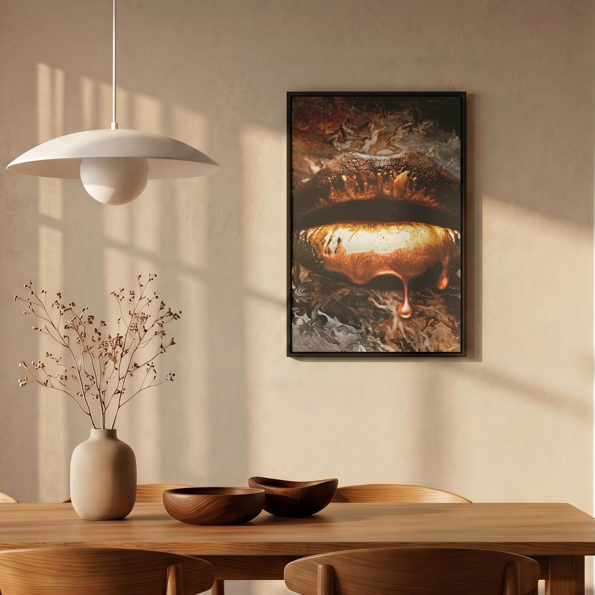 LEINWAND Bilder mit Rahmen - Gold - Lippen - Kunst - Gold - Luxus - Abstrakt - 40x60 - Kupferfarben, Textil (40/60cm) - MuchoWow