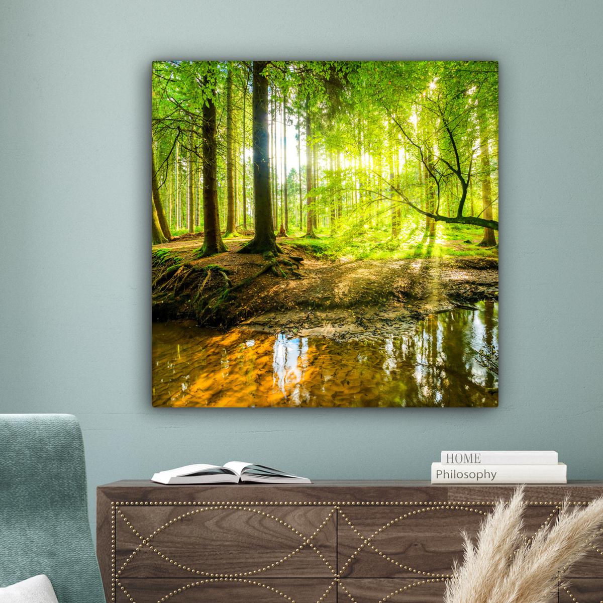 LEINWANDBILD Wald - Landschaft - Wasser - Bäume - Sonne - Grün - Natur Deko Groß 90x90 cm - Grün, Textil (90/90cm) - MuchoWow